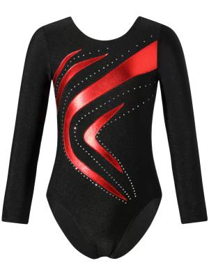 Kids Girls Long Sleeve Shiny Rhinestone Slim Fit Skating Dance Leotard front image