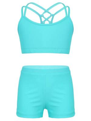 Kids Girls Two Pieces Sleeveless Crop Top and Shorts Swimsuit Set front image