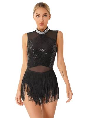 Women Sequined Tassel Latin Dance Leotard Dress front image