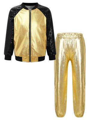 Kids Girls Sequin Long Sleeve Zipper Front Jacket and Metallic Pants Dance Set front image