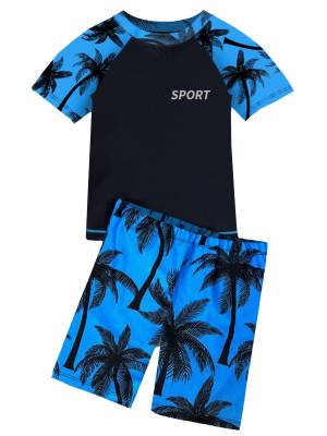 Kids Boys Two Pieces Short Sleeve Palm Leaf Rash Guard Set front image