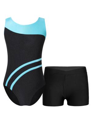 Kids Girls 2pcs Sleeveless Leotard with Shorts Gymnastics Set front image