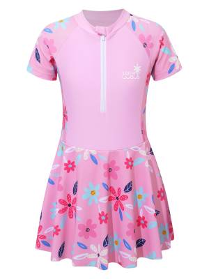 Kids Girls Short Sleeve Flower Swim Dress with Built-in Shorts front image