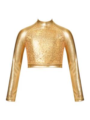 Kids Girls Glossy Metallic Long Sleeve Jazz Crop Top front image