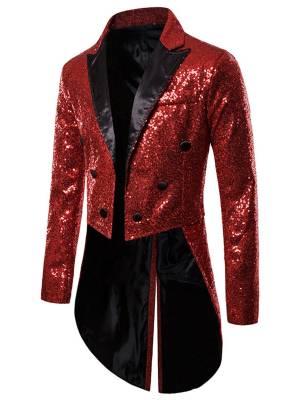 Men Sequin Long Sleeve Lapel Double-Breasted Tailcoat Formal Tuxedo front image