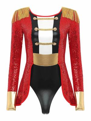 Women Long Sleeve Allover Sequin Circus Ringmaster Cosplay Leotard front image