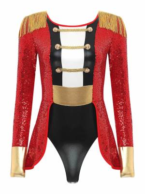 Women Long Sleeve Allover Sequin Circus Ringmaster Cosplay Bodysuit front image