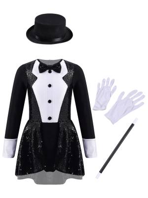 Kids Girls Long Sleeve Bow Tie Sequin Leotard with Hat Magician Costume Set front image