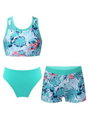 Kids Girls Three Pieces Tropical Print Swim Tankini Sets front image