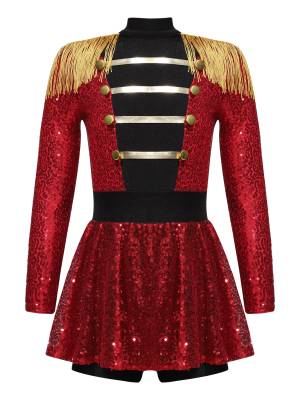 Kids Girls Long Sleeve Sequins Tassel Ringmaster Circus Leotard Dress front image