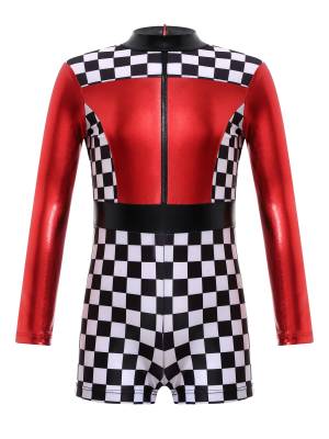 Girls Long Sleeve Checkerboard Print Race Car Racer Costume Jumpsuit front image