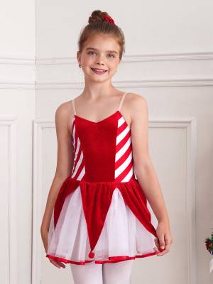 Kids Girls Christmas Sleeveless Straps Pom Poms Stripes Tutu Dress front image