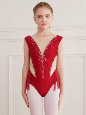 Kids Girls Shiny Rhinestone Leotard Tassel Figure Skating Bodysuit front image