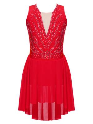 Kids Girls Sleeveless Rhinestone Strappy Back Asymmetrical Figure Skating Dress front image