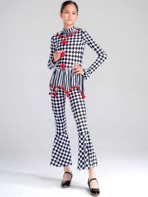 Kids Girls Halloween Circus Clown Costume Long Sleeve Checkerboard Jumpsuit front image