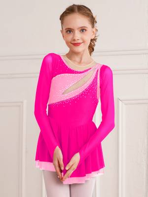 Kids Girls Long Sleeve Rhinestone Color Block Figure Skating Leotard Dress front image