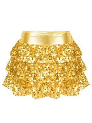 Kids Girls Shiny Sequin Tiered Ruffle Jazz Dance Skirt front image