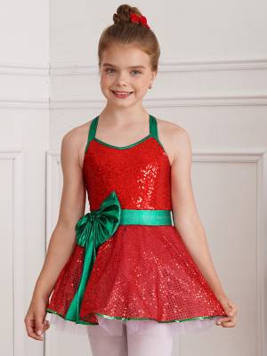 Girls Sleeveless Strappy Sequins Bowknot Christmas Tutu Dress front image