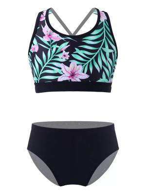 Kids Girls Two Pieces U Neck Strappy Swim Tankini Set front image