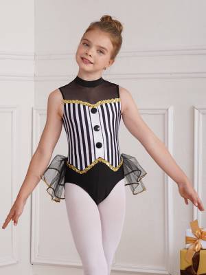 Kids Girls Sleeveless Sequins Striped Latin Jazz Dance Leotard front image