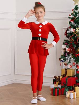 Kids Lapel Collar Long Sleeve Pompom Peplum Christmas Elf Cosplay Jumpsuit front image