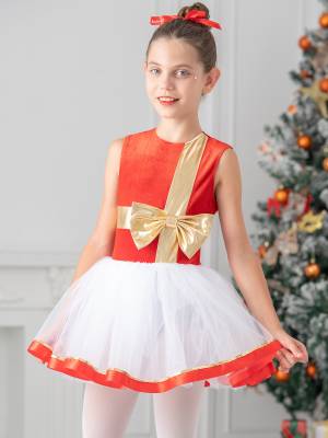 Kids Girls Christmas Sleeveless Metallic Bow Sequin Mesh Tutu Dress front image