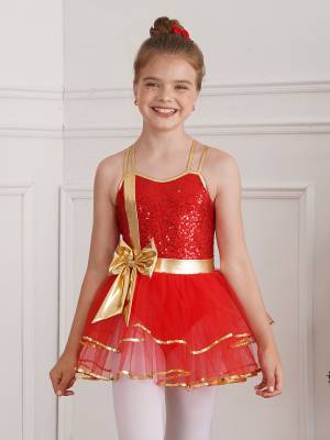 Girls Straps Sequins Bow Christmas Ballet Dance Tutu Dress front image