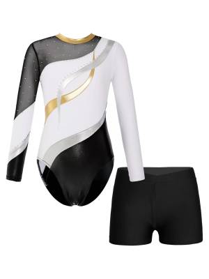 Kids Girls 2pcs Long Sleeve Rhinestones Leotard with Shorts Dance Set front image