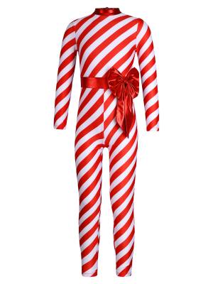 Kids Girls Christmas Long Sleeve Bowknot Stripe Jumpsuit front image