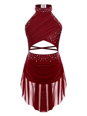 Kids Girls Rhinestone Backless Lyrical Dance Leotard Dress front image