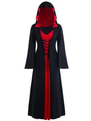 Women Lace-up V Neck Long Sleeve Hooded Dress Halloween Witch Costume front image