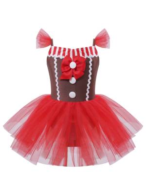 Kids Girls Christmas Red Sleeveless Bowknot Striped Tutu Dress front image