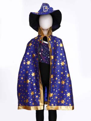 Kids Metallic Star Lace-Up Halloween Wizard Cloak with Hat front image