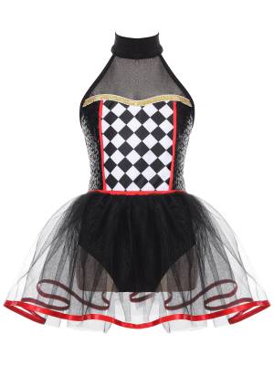 Kids Girls Halloween Clown Costume Halter Neck Checkerboard Sequins Tutu Dress front image