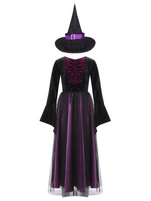 Kids Girls Long Sleeve A-line Halloween Witch Cosplay Dress with Hat front image