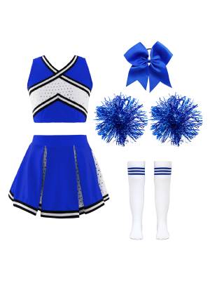 Kids Girls 7pcs Sequins V Neckline Crop Top and Pleated Skirt Cheerleading Set front image