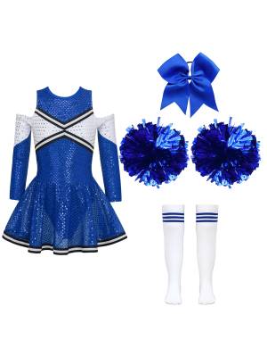 Kids Girls Long Sleeve Off-Shoulder Sequins Cheerleading Dress with Socks front image