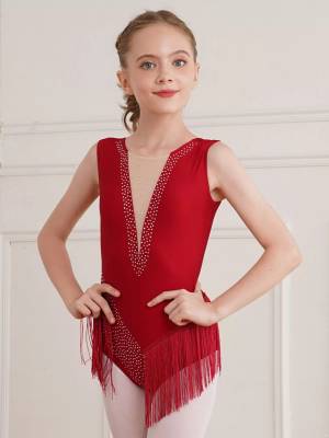 Kids Girls Sleeveless Rhinestones Tassel Rhythmic Gymnastics Leotard front image