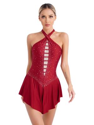 Women Glittery Rhinestones Sleeveless Figure Skating Leotard Dress front image