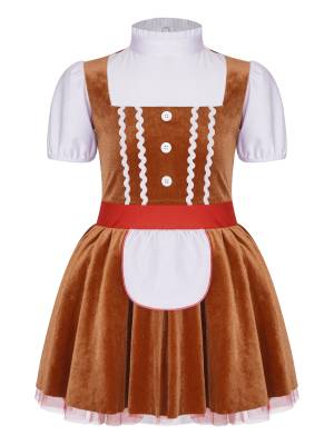 Kids Girls Christmas Gingerbread Man Costume Short Sleeve Velvet Tutu Dress front image