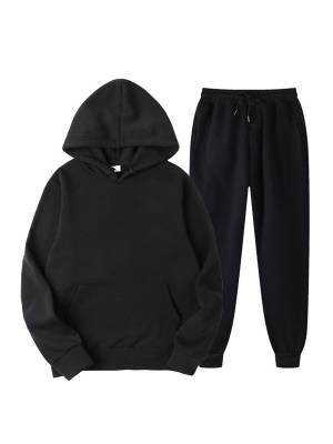 Men 2pcs Solid Color Long Sleeve Hooded Sweatshirt and Sweatpants Sports Set front image