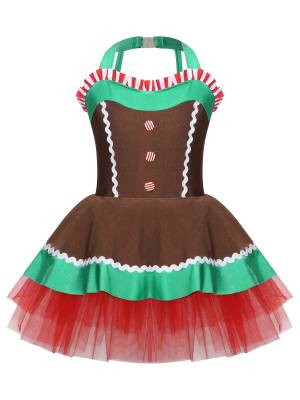 Kids Girls Christmas Gingerbread Man Costume Sleeveless Halter Neck Tutu Dress front image