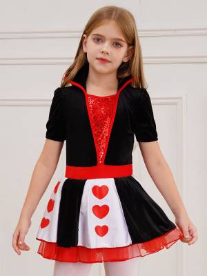 Kids Girls Queen of Heart Costume Short Sleeve Sequins Tutu Dress front image