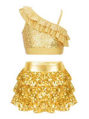 Kids Girls 2pcs Sequin Crop Top and Culottes Jazz Dance Set front image