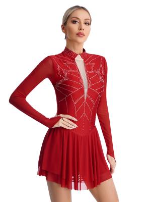 Women Shiny Rhinestones Long Sleeve Figure Skating Dress front image