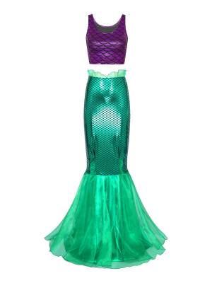 Women 2pcs Metallic Scoop Neck Tank Tops with Tulle Fishtail Skirt Mermaid Set front image