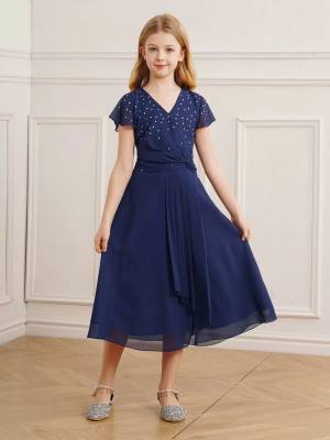 Kid Girl Sparkly Rhinestone Cap Sleeve Chiffon Junior Bridesmaid Dress front image