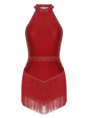 Women Shiny Rhinestones Sleeveless Tassel Latin Dance Leotard front image