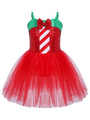 Kids Girls Christmas Sleeveless Sequins Bow Stripes Mesh Tutu Dress front image