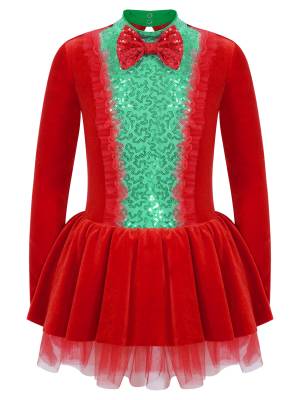 Kids Girls Christmas Long Sleeve Bow Sequins Tutu Dress front image